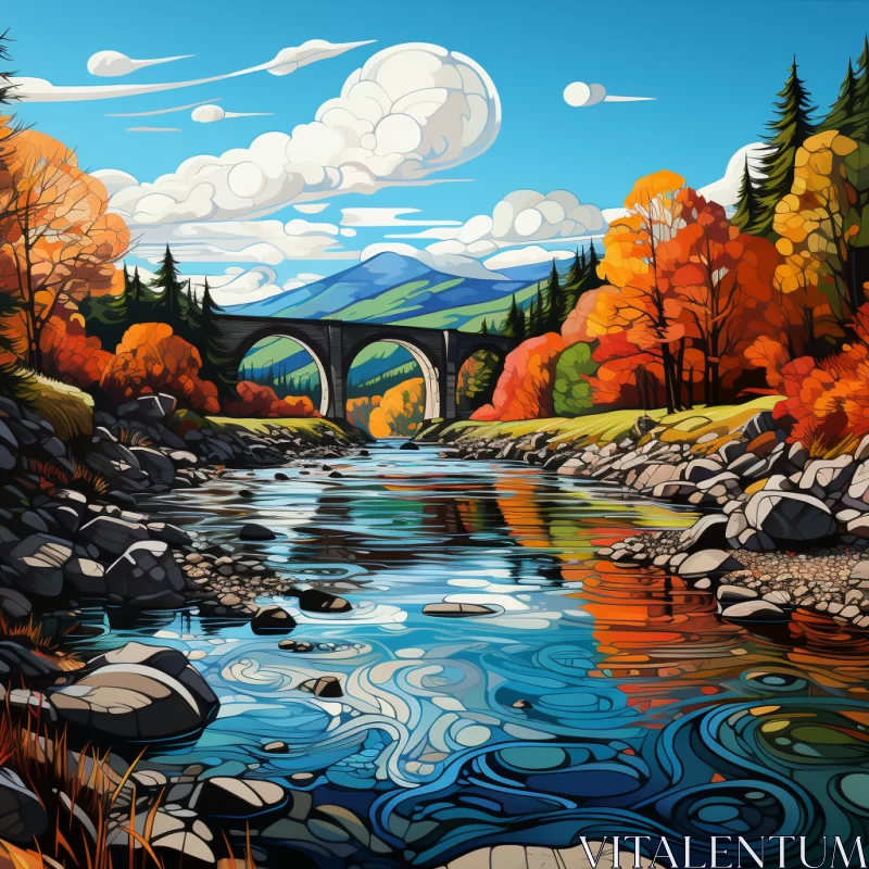 AI ART Scottish Landscape Painting: Autumnal Bridge Scene