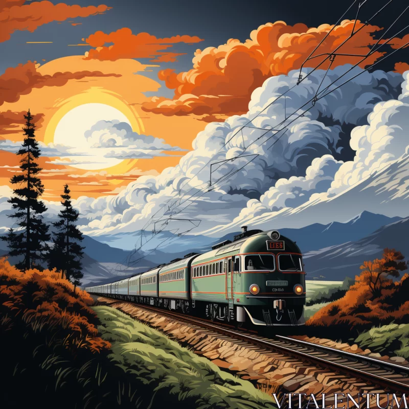 Sunlit Train Journey: A Vintage Poster Style Artwork AI Image