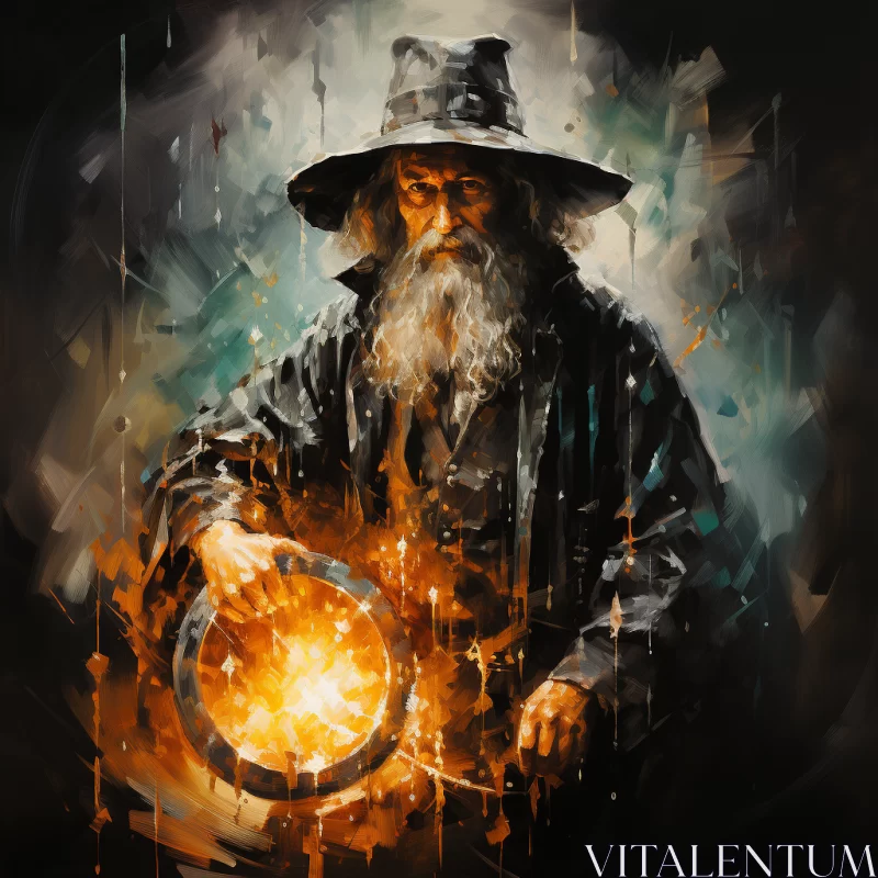 Enchanted Fire Globe: An Old Wizard's Portrait in Light Black and Amber AI Image