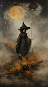 Moonlit Witch - An Oil on Canvas Painting AI Image