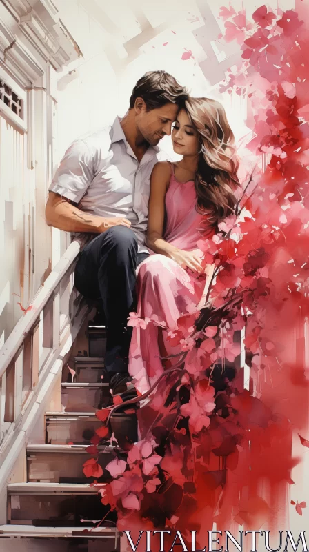Romantic Couple on Staircase in Photorealistic Style AI Image