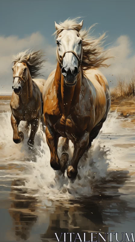 Spirited Horses Running in Water - Precision Painting AI Image