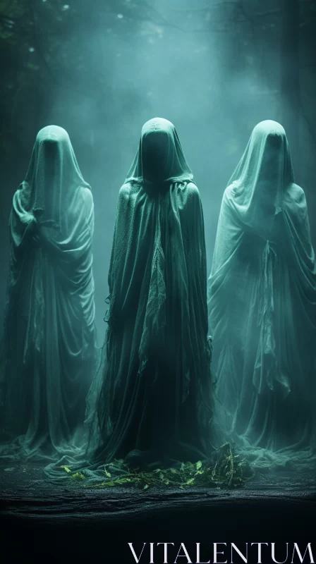 Mysterious Green Ghosts in Foggy Surroundings AI Image
