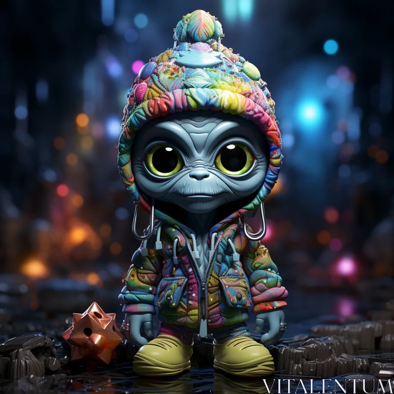 Colorful Toy Figure in Alien World with Urban Background AI Image