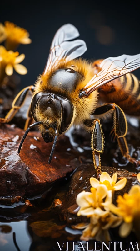 Detailed Nature Scene: Honeybee on Rock with Flower AI Image