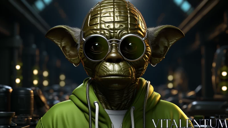 Green Yoda in Sunglasses: A Surrealistic Urban Character Illustration AI Image