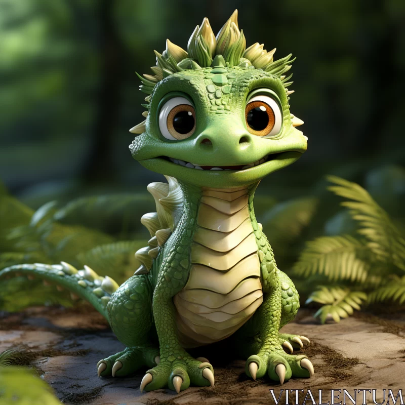 Charming Green Dragon in Forest - Cartoon Style Artwork AI Image