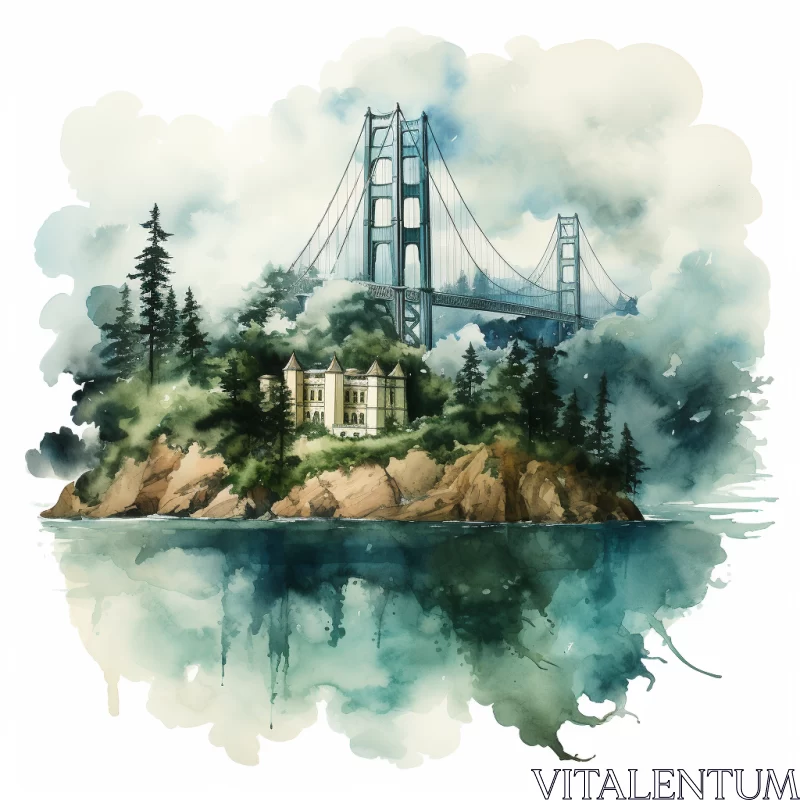 Gothic Watercolor Illustration of Golden Gate Bridge and Island AI Image