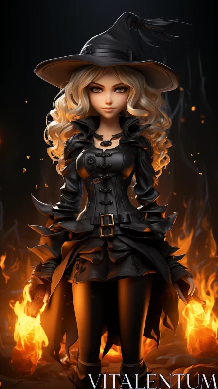 Mysterious Witch in Flames: Anime-Inspired Cartoon Realism Art AI Image