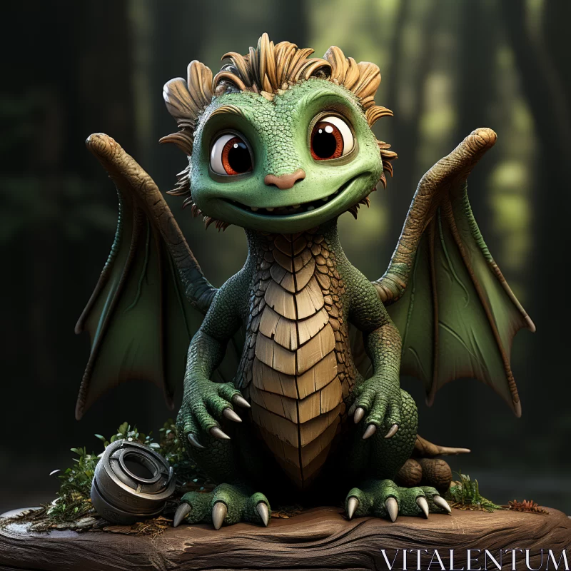 Charming Green Dragon Sitting on Stump - Forest Scene AI Image