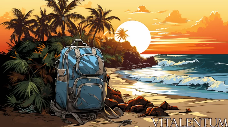 Cartoon-Style Backpack on Tropical Beach at Sunset AI Image