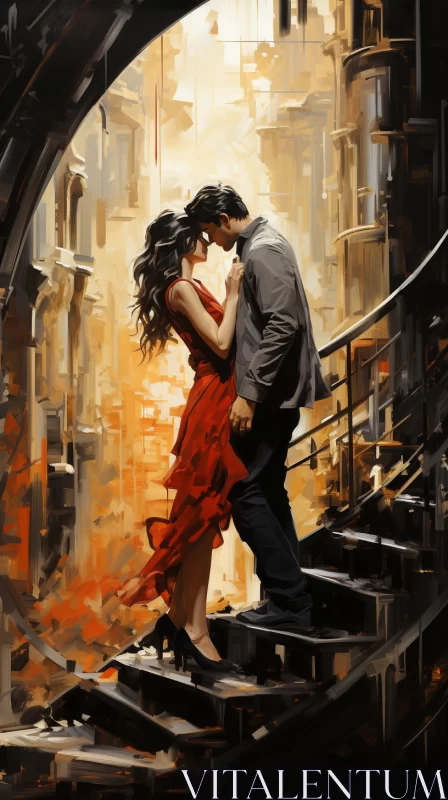 Romantic Embrace in Cityscape - A Modern Impressionist Art AI Image
