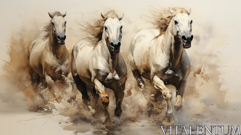 Elegant Emotive White Horses in Motion - Water Color Art AI Image