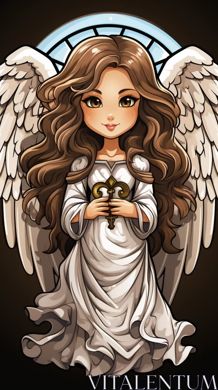 Illustrated Angel with Golden Wings in Colored Cartoon Style AI Image
