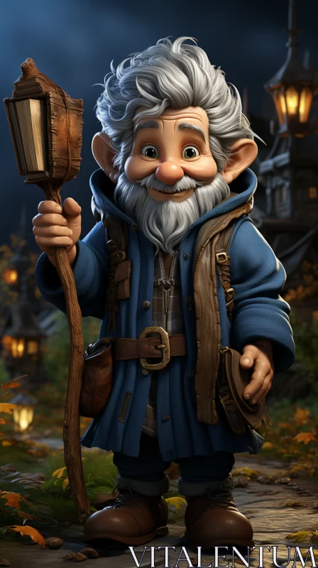 Charming Gnome in Blue Jacket: Storybook Style Character Illustration AI Image