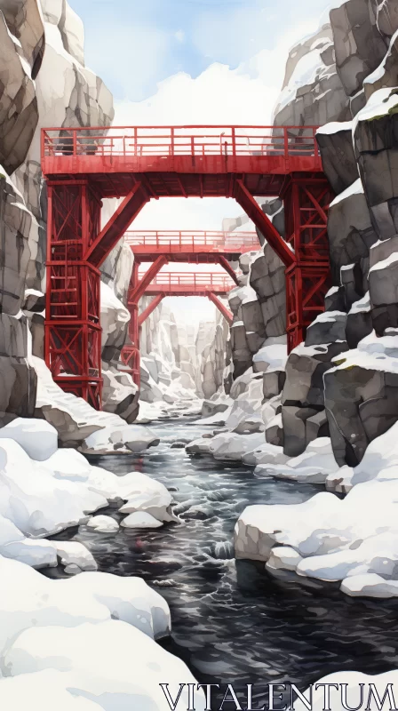 Winter Landscape with Red Bridge - Cartoon Realism Art AI Image