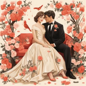 Cinematic Elegance: Couple amidst Red Roses Illustration AI Image