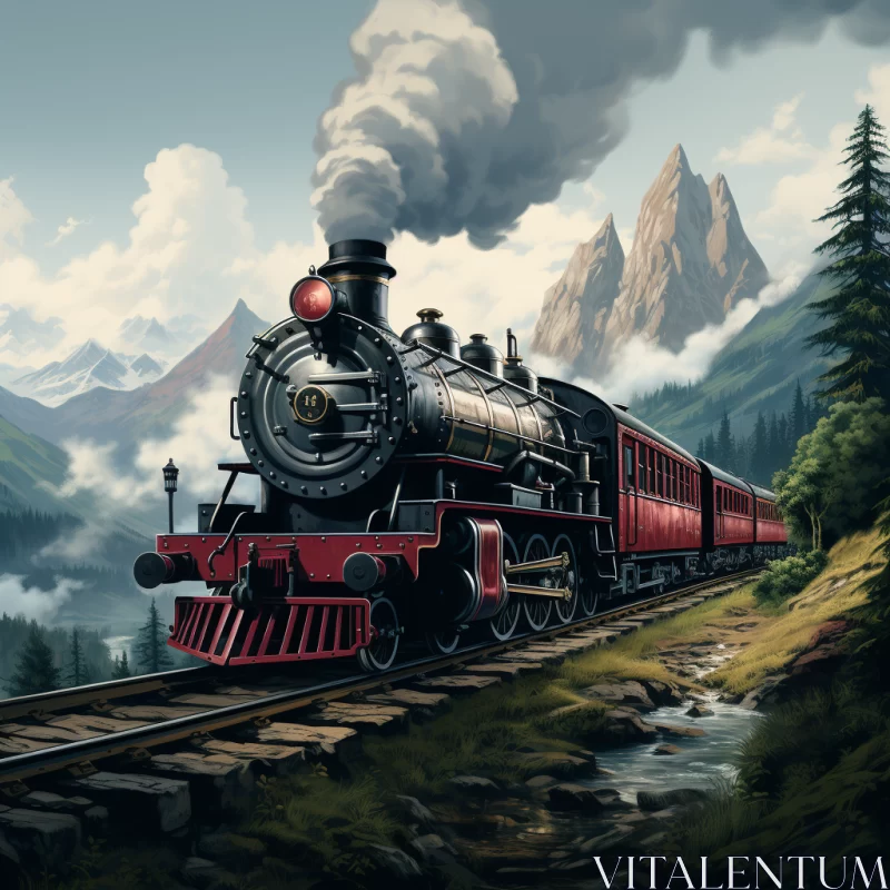 Realistic Fantasy Art of a Steam Engine in Mountains AI Image