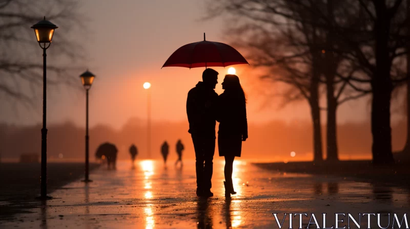 Romantic Couple Under Umbrella in Rain - Nighttime Artistry AI Image