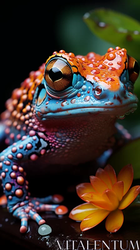 Blue Lizard and Colorful Flower - A Close-Up Visual Spectacle AI Image