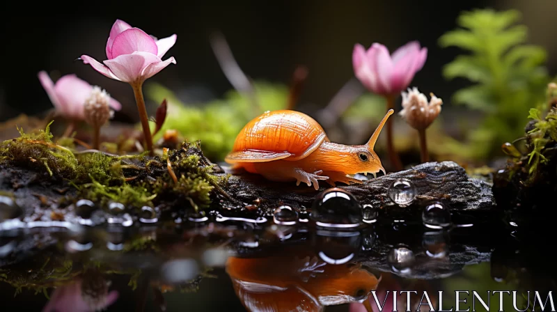 Tranquil Scene of Pink Snail on Mossy Bed AI Image