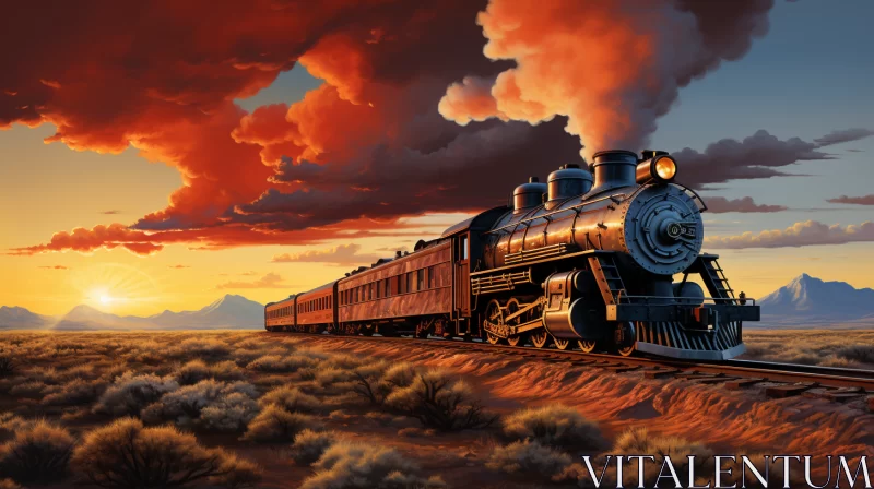 Classic Tonalist Art of Steam Train in Desertwave Setting AI Image