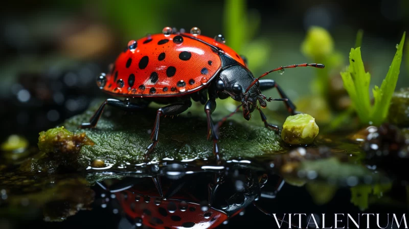 Contrasting Colors and Reflections: Ladybug Near Water AI Image