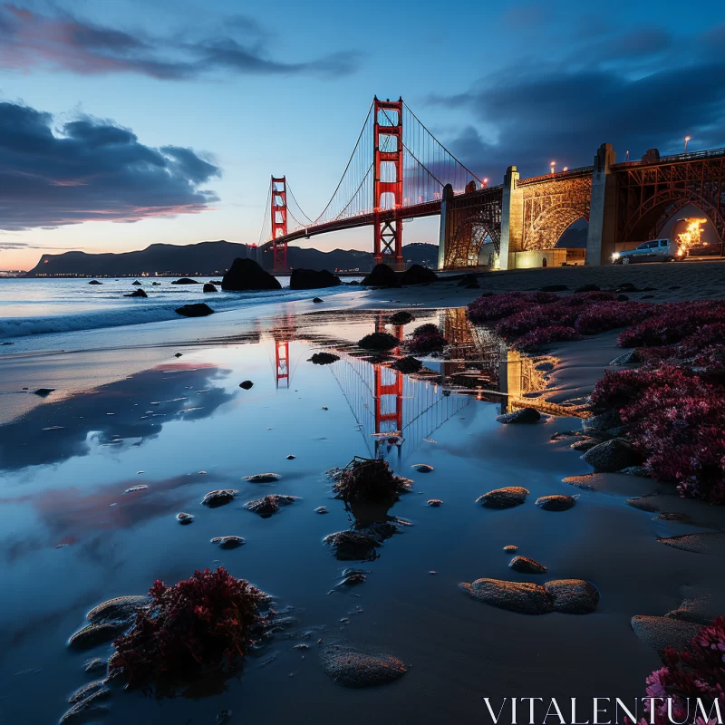 Golden Gate Bridge Reflection at Dusk - Romantic Seascape AI Image