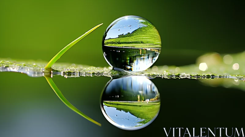 Mirrored Realms: Water Drop Reflection on Grass AI Image