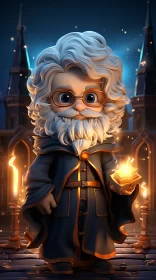 Wizard Character in Night Setting - A Playful Caricature in 2D Game Art Style AI Image