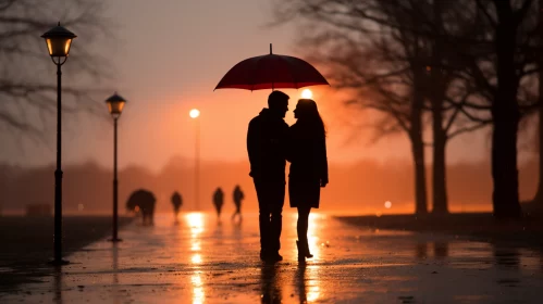 Romantic Couple Under Umbrella in Rain - Nighttime Artistry AI Image
