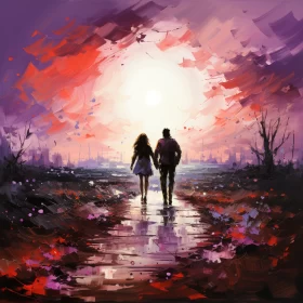 Romantic Abstract Painting of a Couple Walking at Sunset