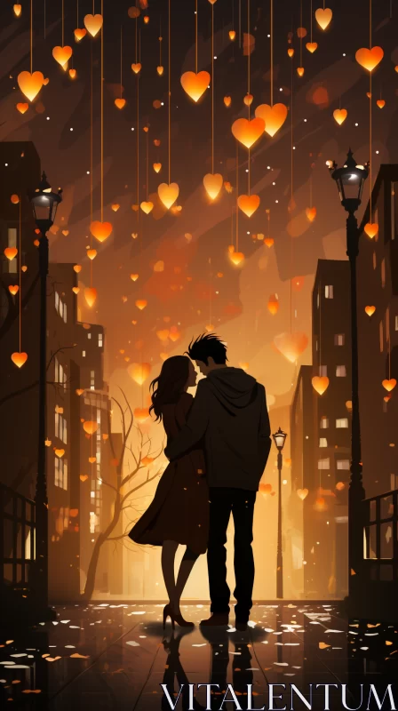 Romantic Couple in Amber Cityscape - Valentine's Day Illustration AI Image