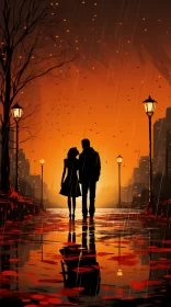 Romantic Couple Walking in Rain - Dreamlike Urban Illustration AI Image