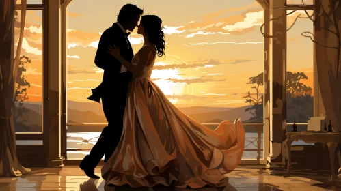 Romantic Sunset Dance: A Digital Illustration AI Image