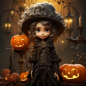 Cute Halloween Girl in a Baroque Cartoon Style Garden AI Image