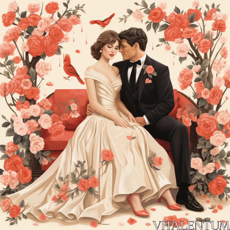 AI ART Cinematic Elegance: Couple amidst Red Roses Illustration