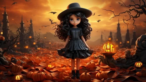 Halloween Inspired Witch Illustration in Pumpkin Patch AI Image