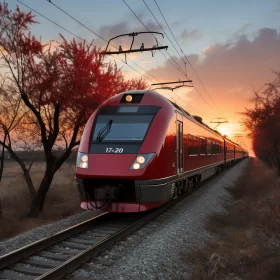 Red Passenger Train in Photorealistic Style and Tonalist Colors AI Image