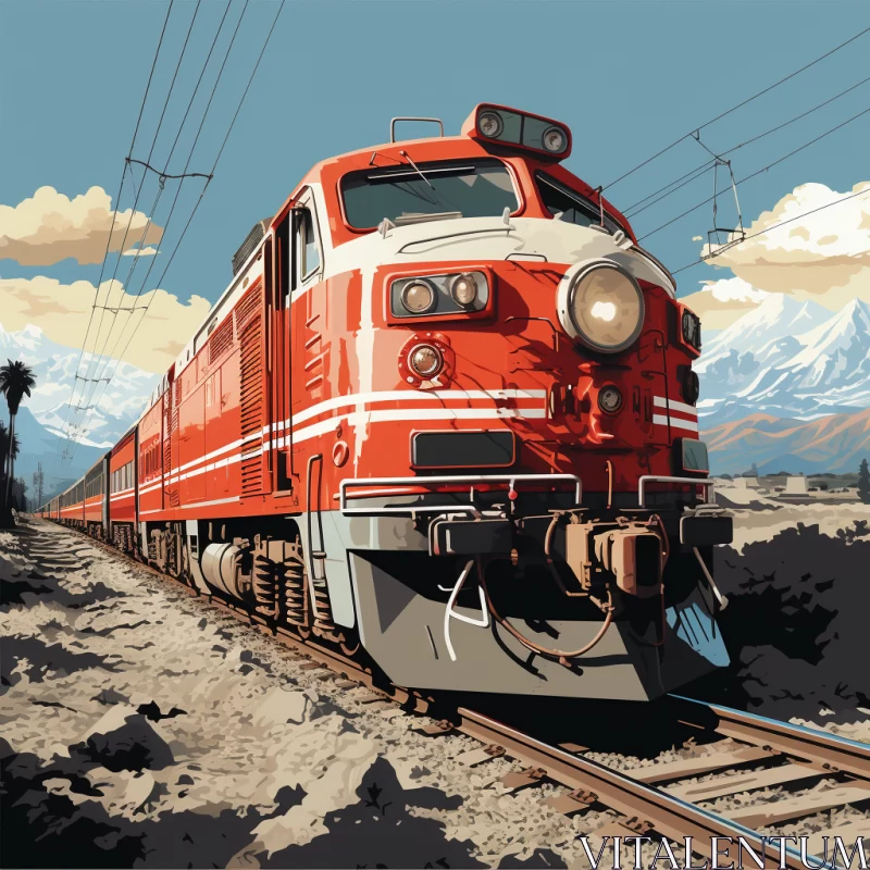 Vintage Illustration of Red Train in Mountain Scenery AI Image