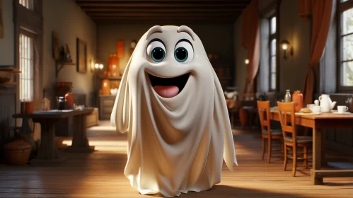 Charming Cartoon Ghost in Vintage Room - Halloween Themed Art AI Image