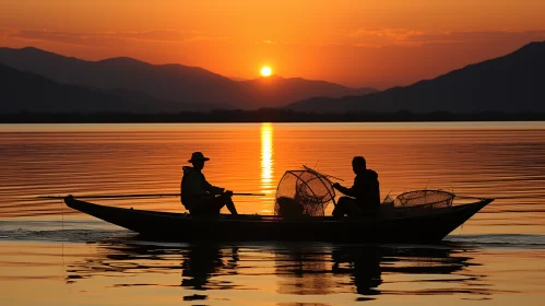 Ethereal Fishing Scene in Orange: Two Men on a Boat AI Image