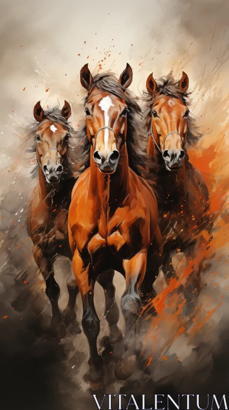Captivating Speedpainting of Three Brown Horses in Dark Orange AI Image