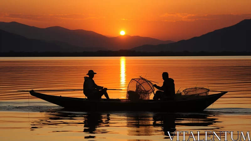 AI ART Ethereal Fishing Scene in Orange: Two Men on a Boat