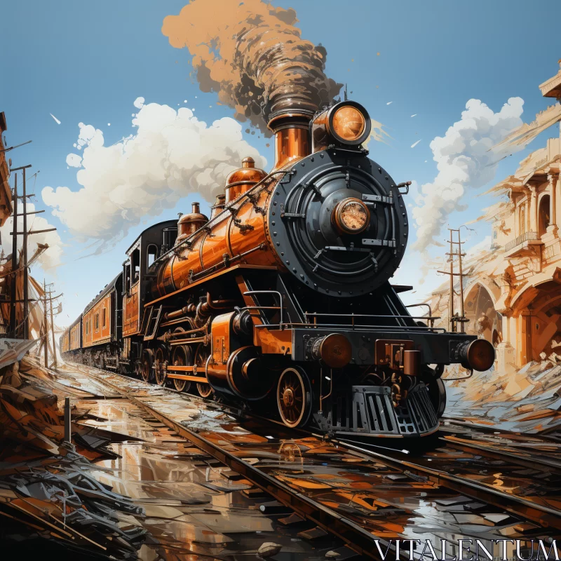 Historic Steam Engine Train in Detailed Cityscape Painting AI Image