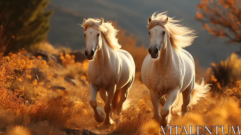 White Horses Galloping in Autumn Field - Precisionism Influence AI Image