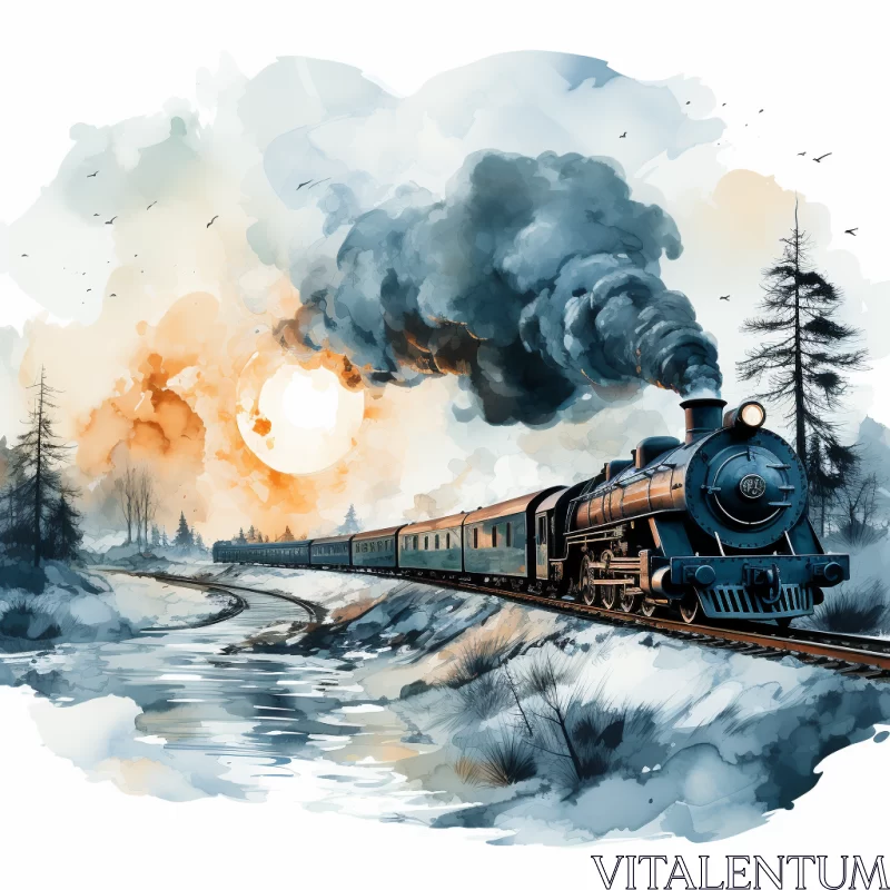 Watercolor Steam Train Illustration with Sunset and Snow AI Image