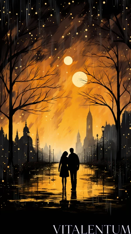 Romantic Gothic Illustration of a Couple Walking at Night AI Image