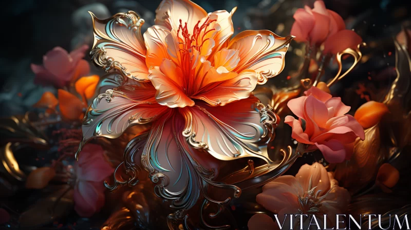 Surrealistic Metallic Orange Flower - Rococo Inspired 4K Wallpaper AI Image
