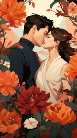 Romantic Illustration of Couple Kissing Amidst Orange Flowers AI Image